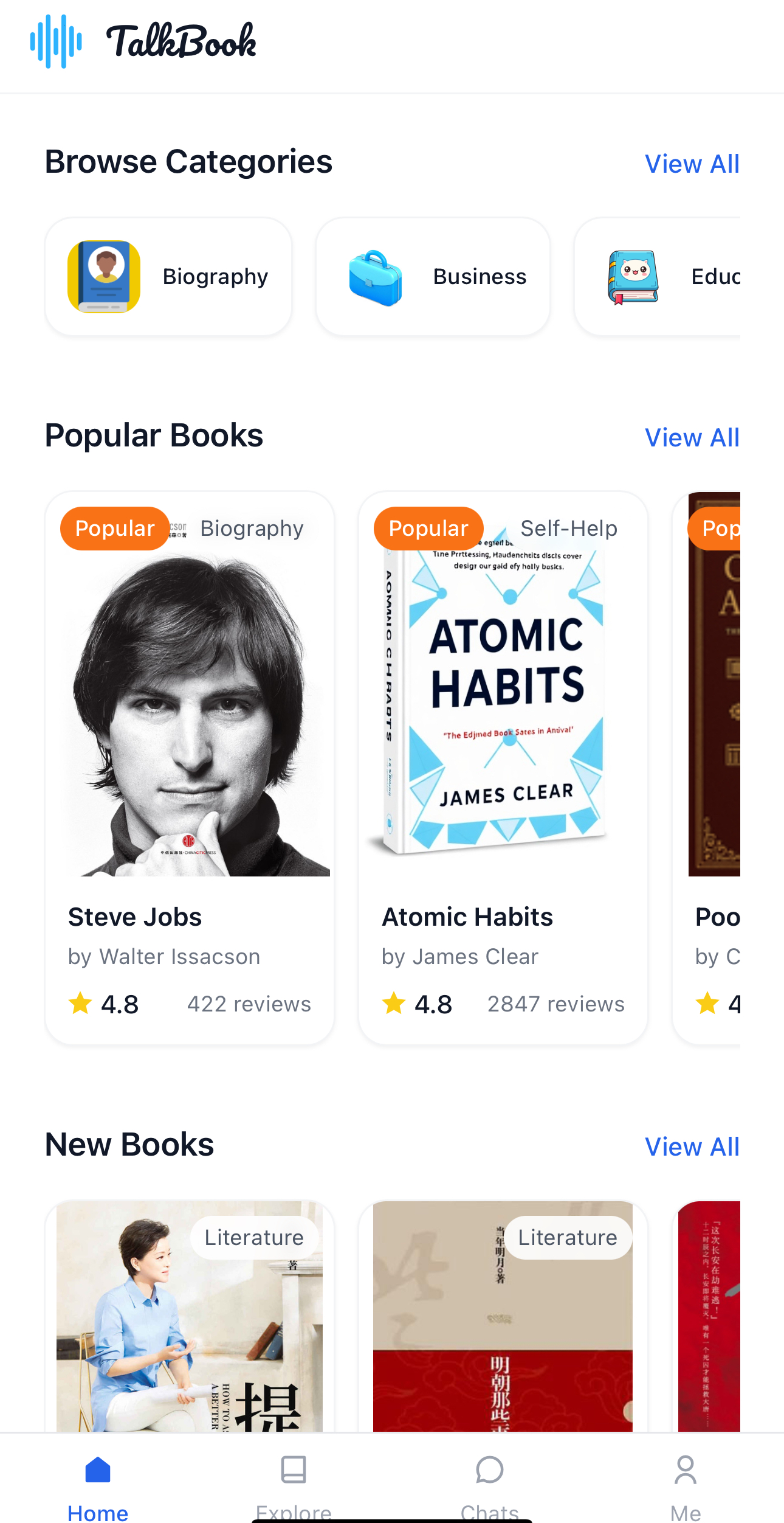 TalkBook Mobile App Interface - Homepage