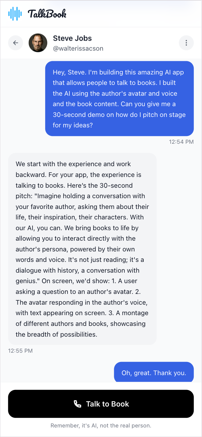 TalkBook Chat Interface - Conversation with Steve Jobs AI
